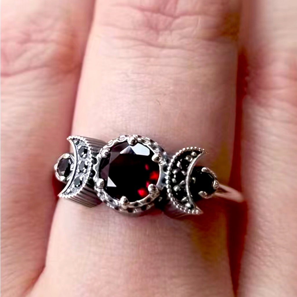 Moon Phase Ruby Red Zircon Statement Ring